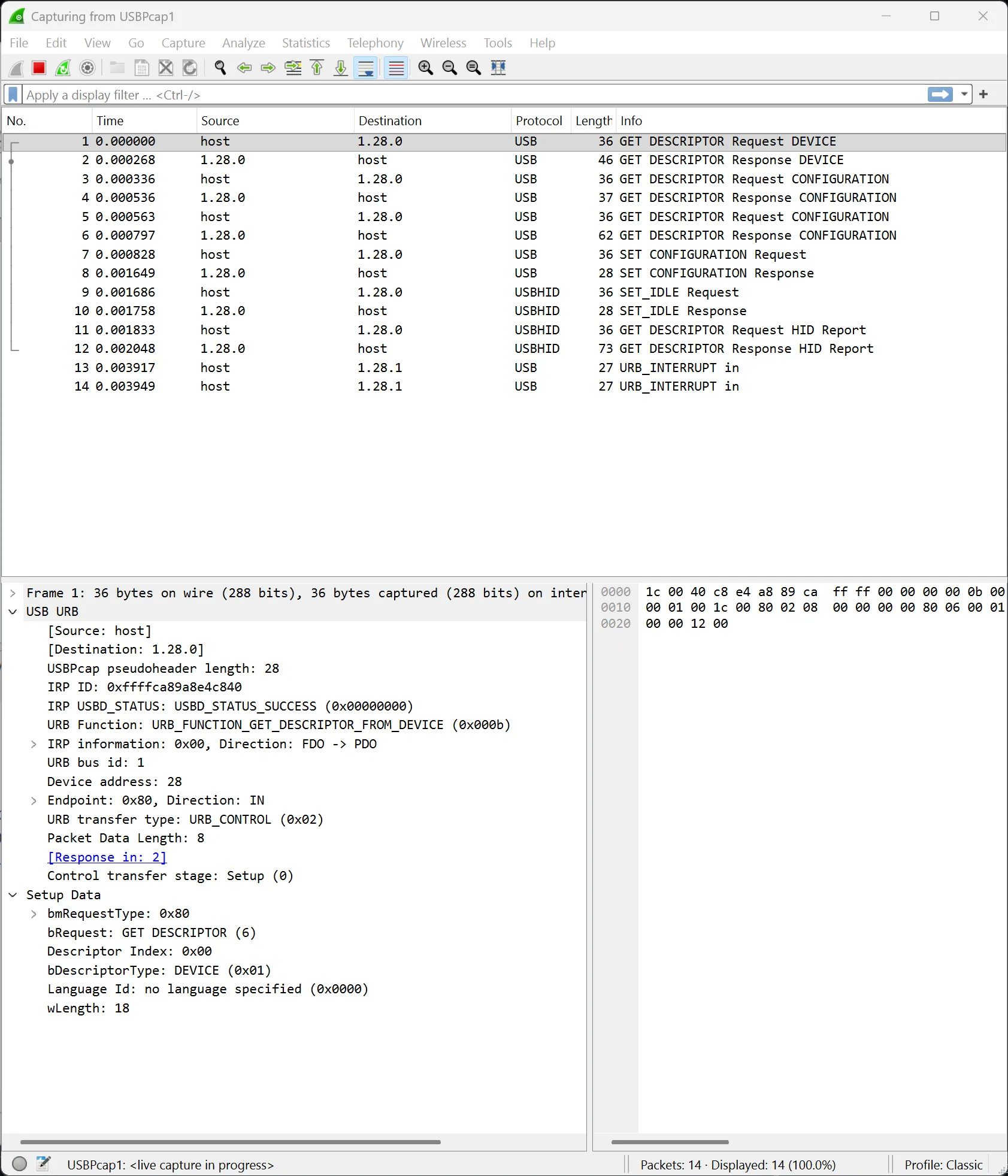 Quá trình enumeration USB thật chụp từ Wireshark/USBPcap