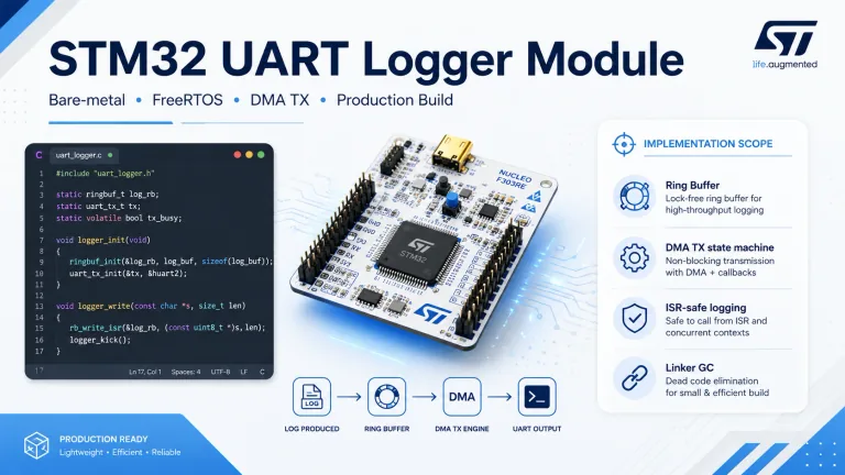 Sơ đồ kiến trúc UART logger non-blocking trên STM32: application ghi log vào Ring Buffer, DMA truyền ra UART ở background.